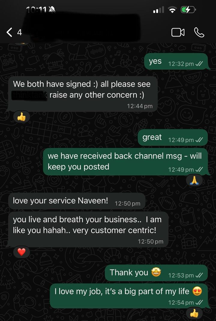WhatsApp client message: love your service Naveen, very customer centric