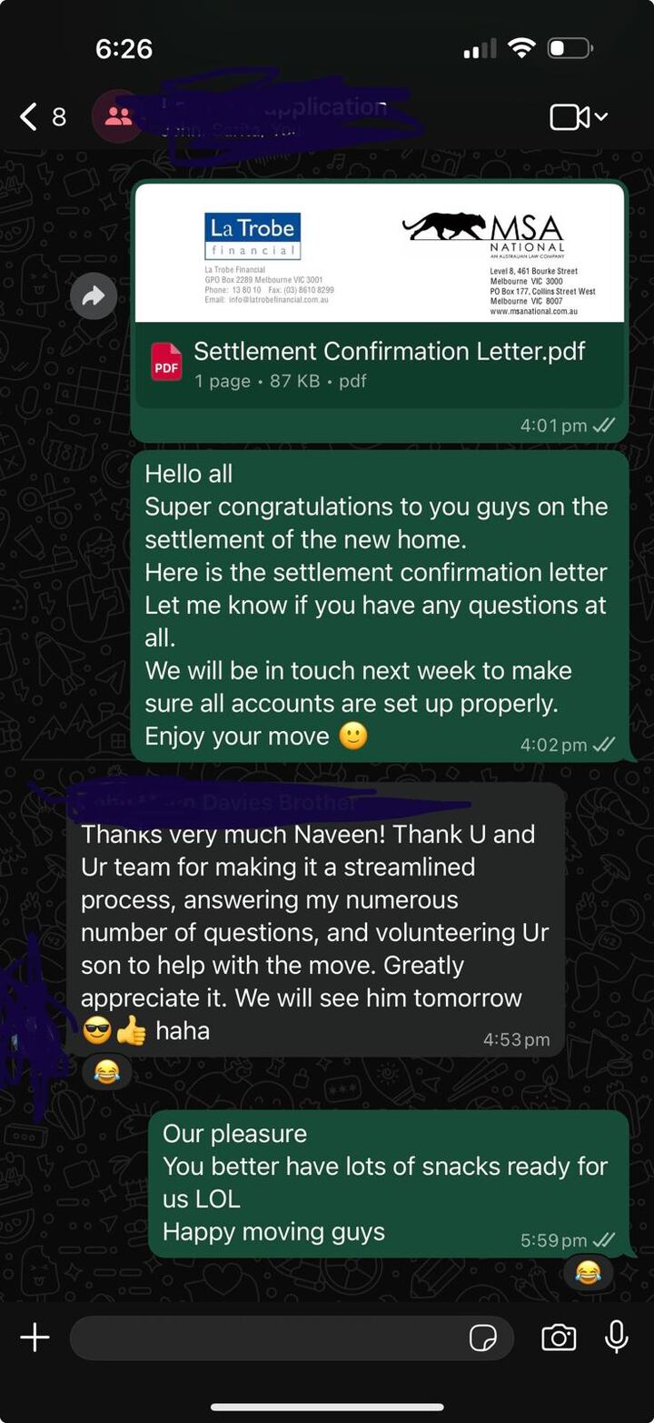 WhatsApp settlement confirmation letter and client thanking Naveen for a streamlined process