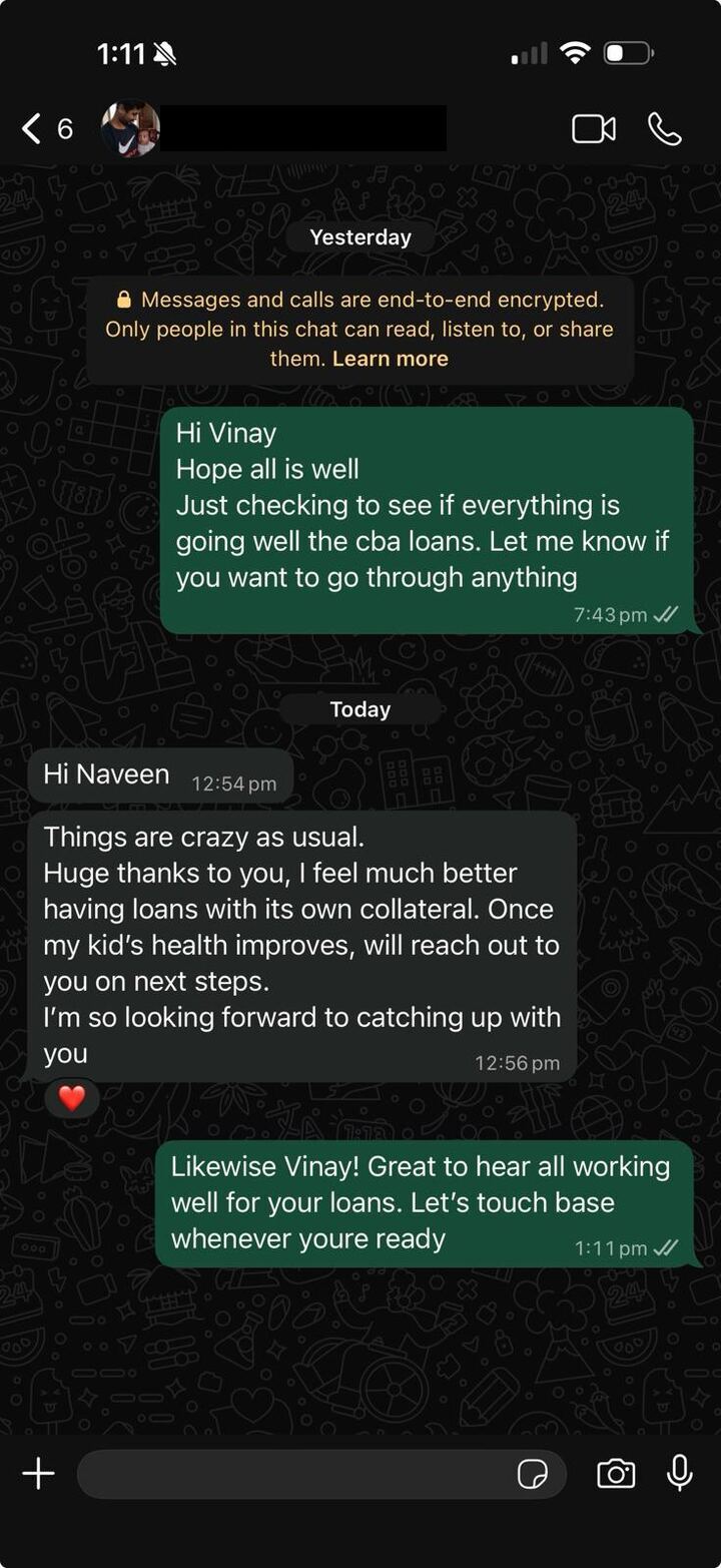 WhatsApp from a long-term client thanking Naveen for restructuring their loans