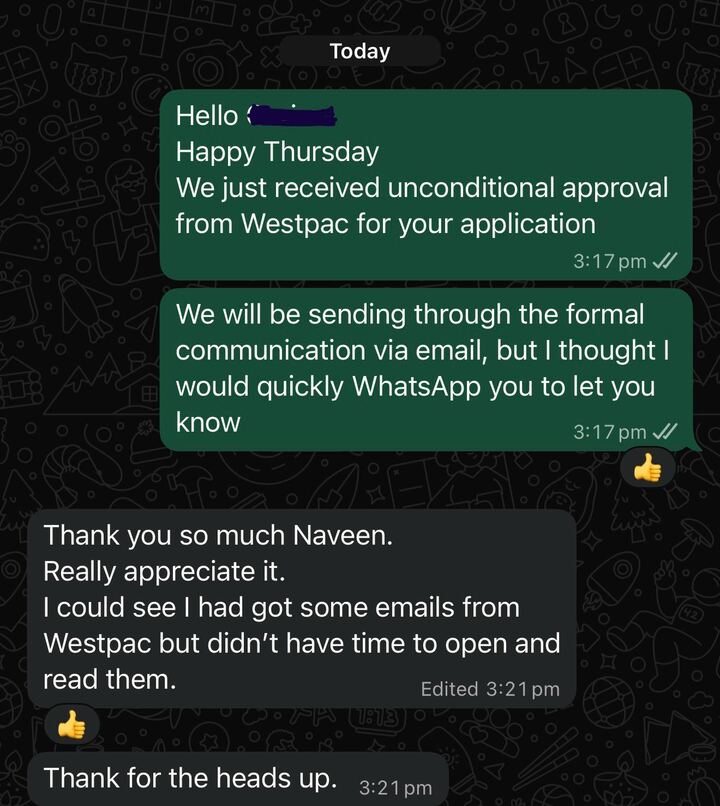 WhatsApp message: unconditional approval received from Westpac, client thanks Naveen